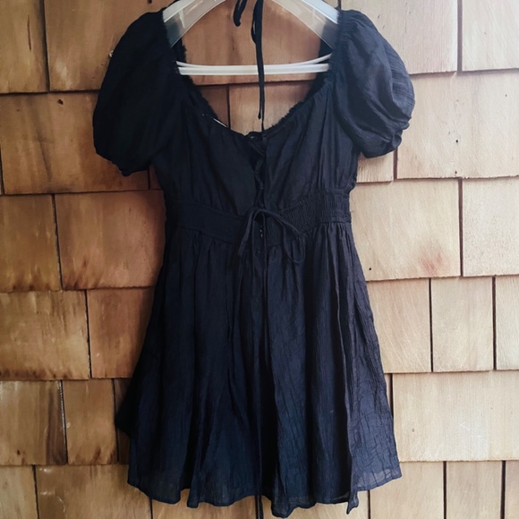 &merci Crinkle Babydoll Mini Dress High Waist Black Fit & Flair Puff Sleeve L - Picture 7 of 12